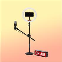 Kit para criadores de vídeo e “influencers” contendo tripé, luz Led, microfone e “display” “On Air”. Personalizado - GHB