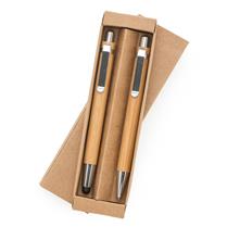 Caneta e lapiseira em bambu com estojo de papelão.