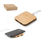 Carregador wireless em bambu com função hub.