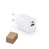 Adaptador de corrente com porta USB-A 18W e USB-C 20W em ABS 100% reciclado SP97186