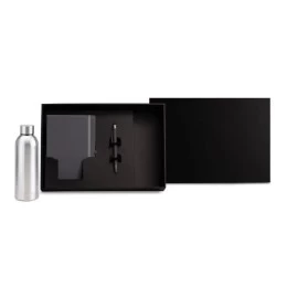Kit Garrafa, Caderno E Caneta - Cinza/Prata - 3 Pçs Personalizado